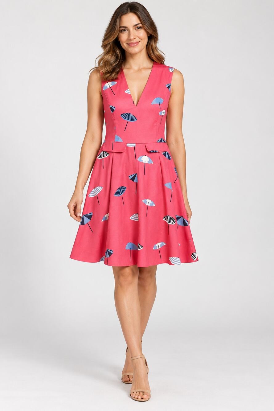 Draper James Pink Umbrella Print Sleeveless V Neck Fit Flare Dress 4